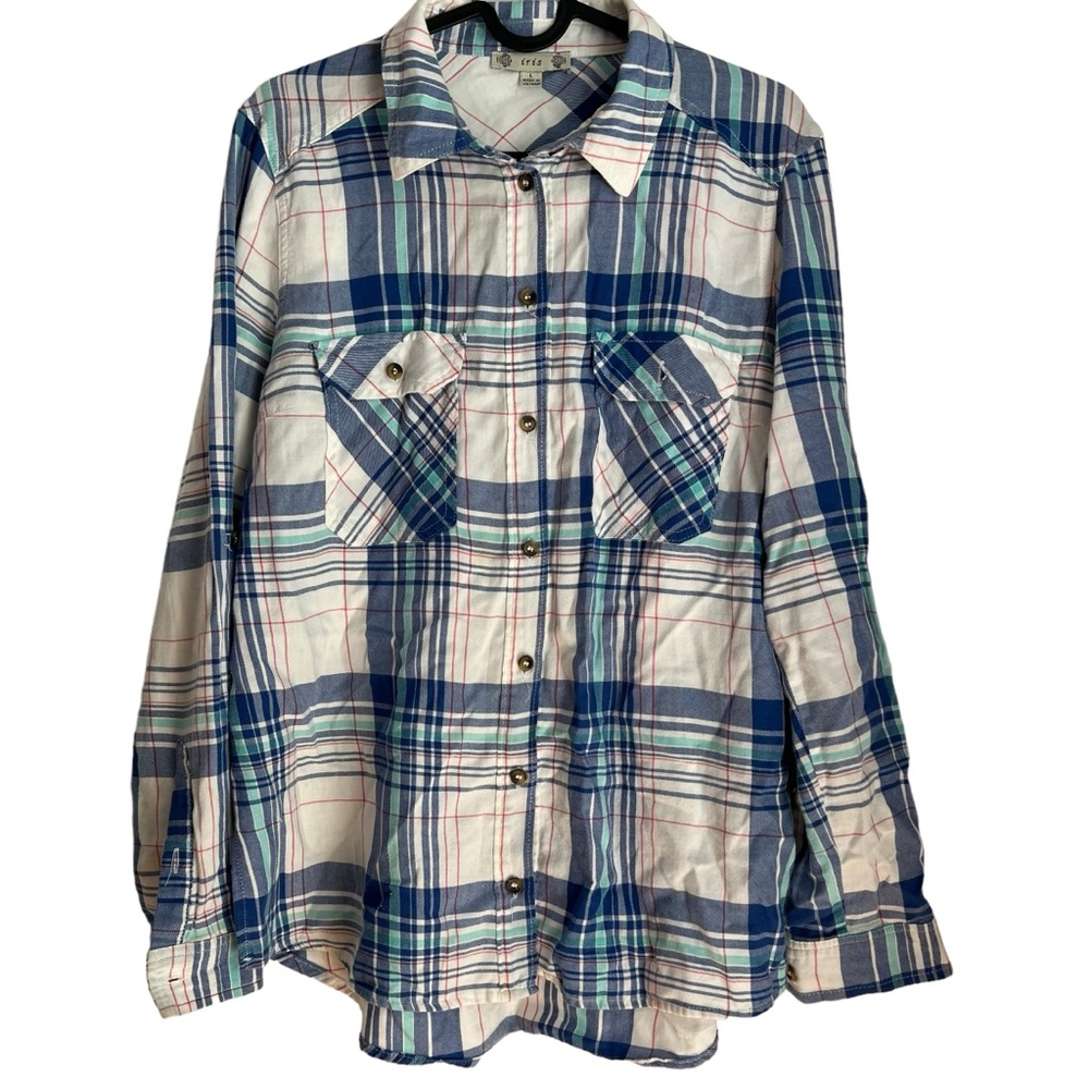 2/$15 Iris L collared, button down plaid top white, blue roll long sleeves
